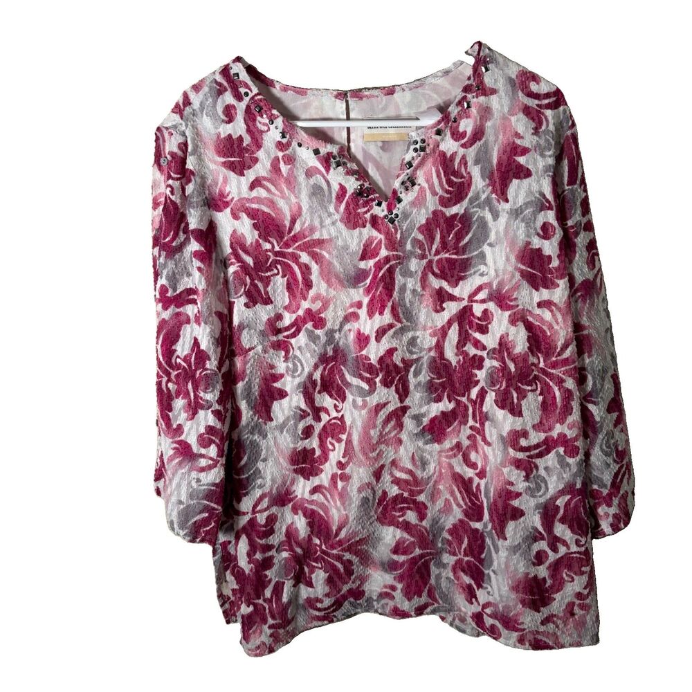 Alfred Dunner Blouse Women's 16W V-Neck Rhinestone Textured 3/4 Sleeve Top